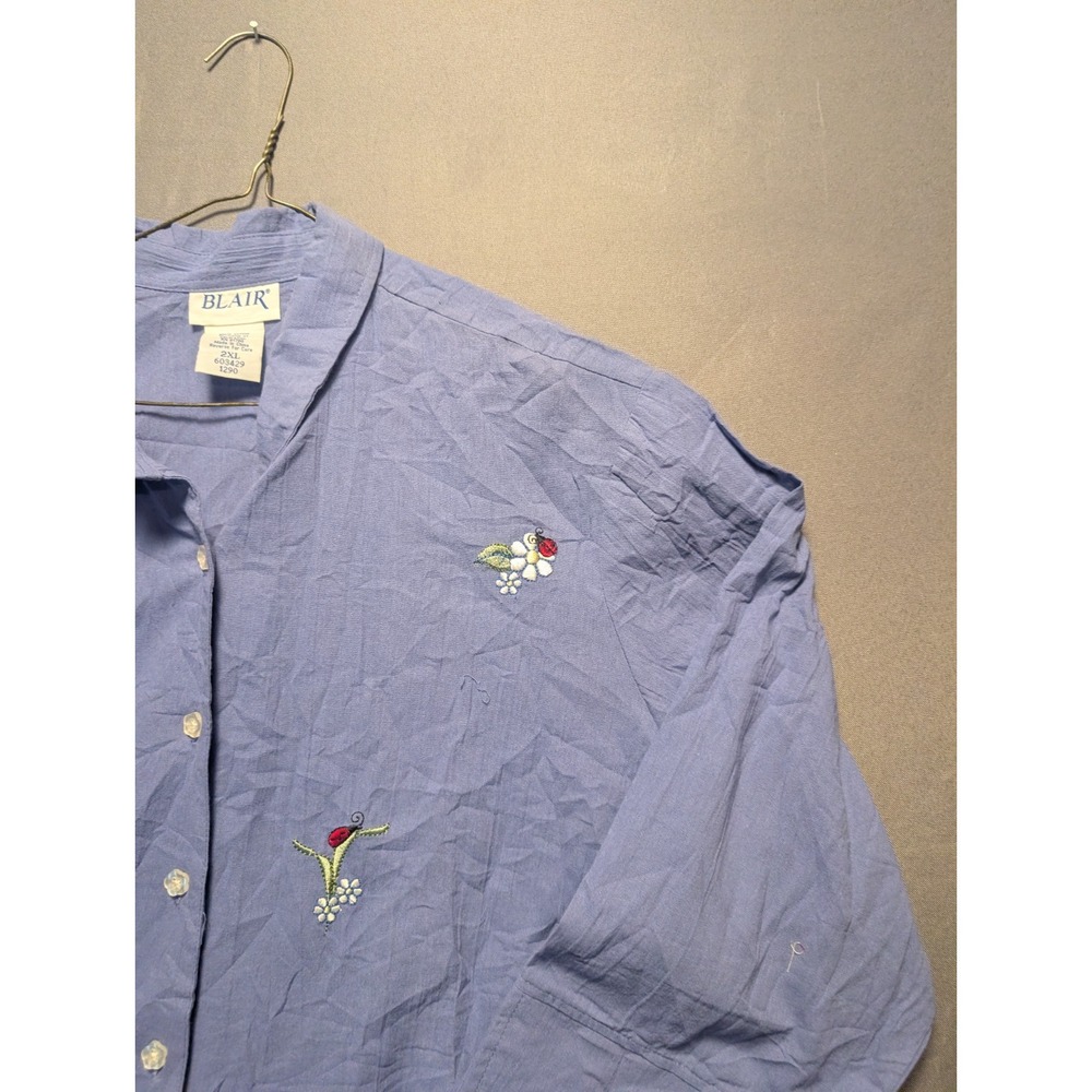 Blair Womens 2XL Blue Cotton Embroidered Floral Ladybug 3/4 Sleeve Button Shirt - Picture 4 of 9